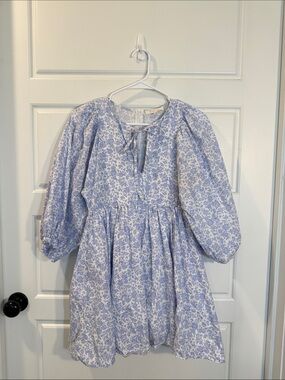 Fanco Blue Floral Puff Sleeve Mini Dress featuring a babydoll silhouette medium